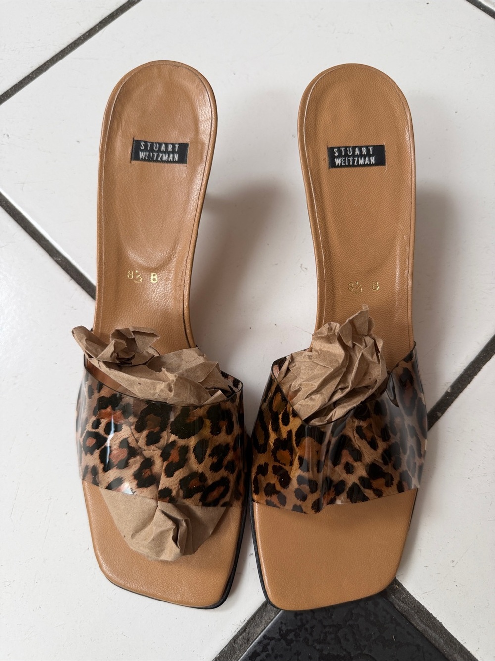Stuart Weitzman Tan Leopard Print Slide Mules